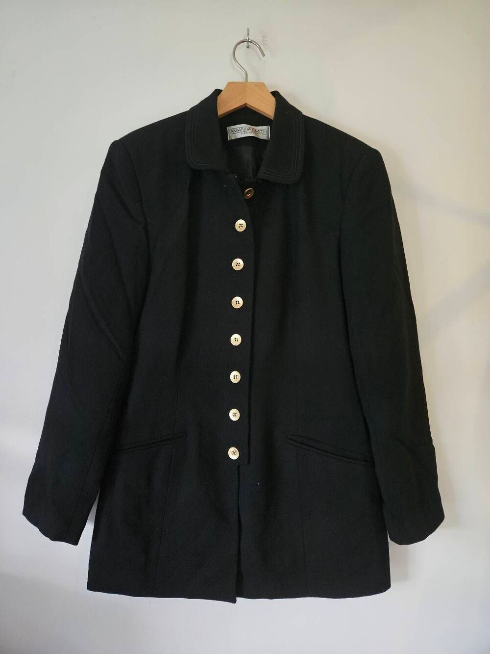 Vintage Amanda Smith 100% Pure Wool Black Blazer Jacket Women's Size 10 Gold But